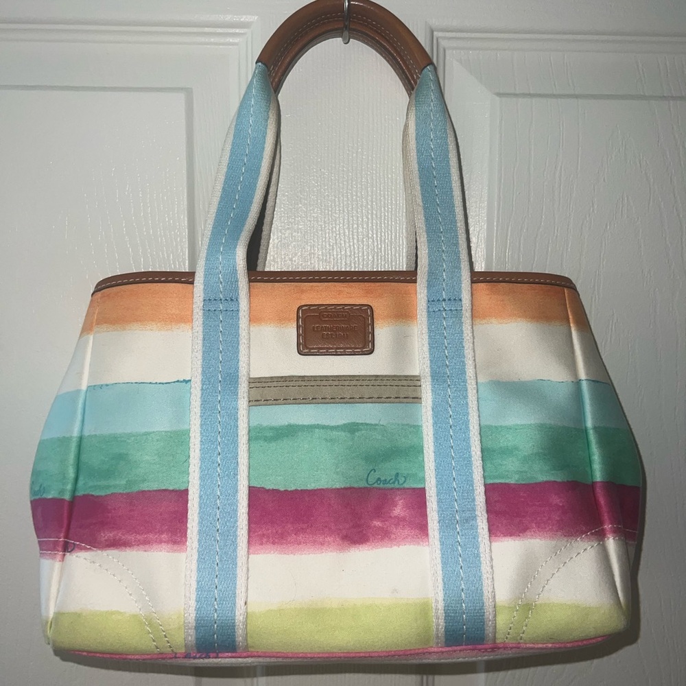 Coach Multicolor Striped Canvas Tote with Blue Webbing Handles